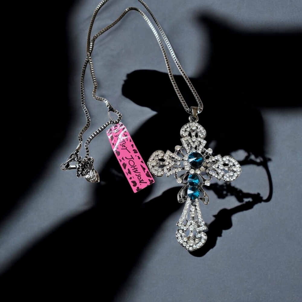 Betsey Johnson Blue and Silver Rhinestone Cross